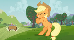Size: 851x468 | Tagged: safe, screencap, character:applejack, episode:apple family reunion, g4, my little pony: friendship is magic, laughing