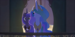 Size: 3840x1920 | Tagged: safe, artist:minty root, screencap, character:princess celestia, character:princess luna, species:alicorn, species:pony, 4k, balcony, female, looking at each other, royal sisters, sisters, teaser, youtube link