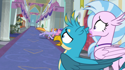 Size: 1280x720 | Tagged: safe, screencap, character:auburn vision, character:berry blend, character:berry bliss, character:gallus, character:silverstream, species:earth pony, species:griffon, species:hippogriff, species:pony, episode:a matter of principals, g4, my little pony: friendship is magic, armor, background pony, female, friendship student, male, mare, running, scared, stallion