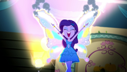 Size: 1920x1080 | Tagged: safe, screencap, character:rarity, episode:a photo booth story, eqg summertime shorts, g4, my little pony:equestria girls, burning, eyes closed, fake wings, fall formal outfits, glimmer wings, smiling, smoke, wings