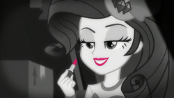 Size: 1920x1080 | Tagged: safe, screencap, character:rarity, episode:rarity investigates: the case of the bedazzled boot, g4, my little pony:equestria girls, detective rarity, lips, lipstick, monochrome, neo noir, partial color, rarity investigates (eqg): trixie, smiling, solo