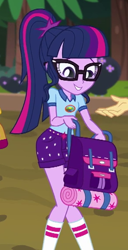 Size: 294x575 | Tagged: safe, screencap, character:flash sentry, character:twilight sparkle, character:twilight sparkle (scitwi), species:eqg human, equestria girls:legend of everfree, g4, my little pony:equestria girls, backpack, camp everfree outfits, clothing, cropped, female, glasses, hand, implied sunset shimmer, legs, offscreen character, ponytail, shorts, socks