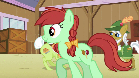 Size: 576x324 | Tagged: safe, screencap, character:apple cinnamon, character:apple fritter, character:apple strudel, character:applejack, character:candy apples, character:florina tart, character:granny smith, character:perfect pie, episode:apple family reunion, g4, my little pony: friendship is magic, animated, apple family member, dancing, pomegranate (character)
