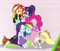 Size: 438x371 | Tagged: safe, screencap, character:applejack, character:fluttershy, character:pinkie pie, character:rainbow dash, character:rarity, character:sunset shimmer, character:twilight sparkle, character:twilight sparkle (scitwi), species:eqg human, equestria girls:mirror magic, g4, my little pony:equestria girls, cropped, geode of empathy, geode of fauna, geode of shielding, geode of sugar bombs, geode of super speed, geode of telekinesis, humane five, humane seven, humane six, magical geodes, out of context