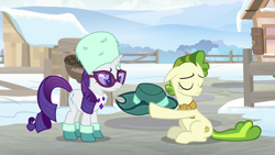 Size: 1280x720 | Tagged: safe, screencap, character:pistachio, character:rarity, species:earth pony, species:pony, species:unicorn, episode:best gift ever, g4, my little pony: friendship is magic, clothing, hat