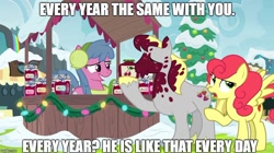 Size: 888x499 | Tagged: safe, screencap, character:hugh jelly, character:strawberry sunrise, species:pony, episode:best gift ever, g4, my little pony: friendship is magic, awkward smile, caption, cherry jumble, image macro, meme, siblings, text, unamused