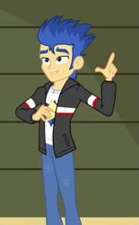 Size: 409x660 | Tagged: safe, screencap, character:flash sentry, episode:a banner day, equestria girls:friendship games, g4, my little pony:equestria girls, clothing, cropped, idea, jacket, male, pants, short, smiling, solo