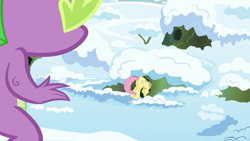 Size: 1280x720 | Tagged: safe, screencap, character:fluttershy, character:spike, species:dragon, species:pony, episode:winter wrap up, g4, my little pony: friendship is magic, season 1, eyes on the prize, female, male, plot, snow