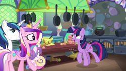 Size: 1280x720 | Tagged: safe, screencap, character:princess cadance, character:princess flurry heart, character:shining armor, character:twilight sparkle, character:twilight sparkle (alicorn), species:alicorn, species:pony, episode:best gift ever, g4, my little pony: friendship is magic, cake, cauldron, family, female, filly, foal, food, frying pan, kitchen, male, mare, oven, pudding, puddinghead's pudding, rolling pin, stallion, table