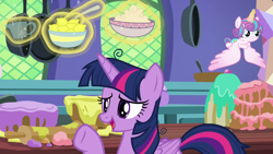 Size: 1280x720 | Tagged: safe, screencap, character:princess flurry heart, character:twilight sparkle, character:twilight sparkle (alicorn), species:alicorn, species:pony, episode:best gift ever, g4, my little pony: friendship is magic, cake, food, frying pan, kitchen, lemon, measuring cup, rolling pin