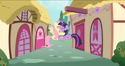 Size: 1205x635 | Tagged: safe, screencap, character:fluttershy, character:twilight sparkle, character:twilight sparkle (unicorn), species:pegasus, species:pony, species:unicorn, episode:a bird in the hoof, g4, my little pony: friendship is magic, crash, duo, female, mare
