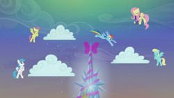 Size: 1280x720 | Tagged: safe, screencap, character:fluttershy, character:rainbow dash, character:white lightning, species:pony, episode:a hearth's warming tail, g4, my little pony: friendship is magic, cloud, flying, twilight's castle