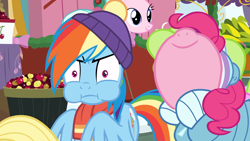 Size: 1920x1080 | Tagged: safe, screencap, character:pinkie pie, character:rainbow dash, species:pony, episode:best gift ever, episode:triple pony dare ya, g4, my little pony: friendship is magic, beanie, clothing, hat, hearth's warming shorts, nose in the air, puffy cheeks, scarf