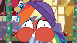 Size: 1920x1080 | Tagged: safe, screencap, character:doctor whooves, character:rainbow dash, character:time turner, species:pony, episode:best gift ever, episode:triple pony dare ya, g4, my little pony: friendship is magic, beanie, clothing, hat, hearth's warming shorts, puffy cheeks, red face