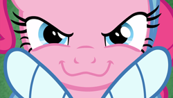 Size: 1920x1080 | Tagged: safe, screencap, character:pinkie pie, species:pony, episode:best gift ever, episode:triple pony dare ya, g4, my little pony: friendship is magic, :3, >:3, close-up, evil grin, hearth's warming shorts, looking at you, smiling, smirk