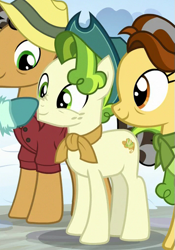 Size: 357x510 | Tagged: safe, screencap, character:butternut, character:oak nut, character:pistachio, species:earth pony, species:pony, episode:best gift ever, g4, my little pony: friendship is magic, boop, clothing, cute, female, fluffy, hat, leg fluff, male, mare, neckerchief, pistachiaww, scarf, smiling, solo focus, stallion