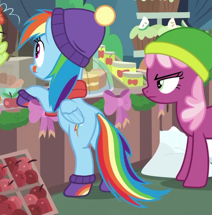 Size: 743x753 | Tagged: safe, screencap, character:cheerilee, character:granny smith, character:rainbow dash, species:earth pony, species:pegasus, species:pony, episode:best gift ever, episode:triple pony dare ya, g4, my little pony: friendship is magic, :q, animated, annoyed, apple, behaving like a dog, bipedal, bipedal leaning, boots, cheerilee is unamused, clothing, cropped, cute, dashabetes, dawwww, duo, eyeroll, eyes on the prize, female, food, frown, gif, glare, hat, hearth's warming shorts, leaning, licking, licking lips, looking at something, mare, plot, scarf, shoes, smiling, standing, stomping, swishy tail, tail wag, tail whip, tongue out, unamused