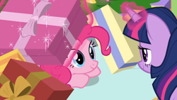 Size: 1920x1080 | Tagged: safe, screencap, character:pinkie pie, character:twilight sparkle, character:twilight sparkle (alicorn), species:alicorn, species:earth pony, species:pony, episode:best gift ever, episode:the great escape room, g4, my little pony: friendship is magic, cute, diapinkes, female, glowing horn, hearth's warming shorts, levitation, magic, mare, present, smiling, telekinesis