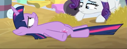 Size: 837x323 | Tagged: safe, screencap, character:rarity, character:twilight sparkle, character:twilight sparkle (alicorn), species:alicorn, species:pony, episode:best gift ever, episode:the great escape room, g4, my little pony: friendship is magic, cropped, female, hearth's warming shorts, mare, on the floor