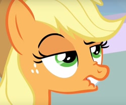 Size: 1273x1063 | Tagged: safe, screencap, character:applejack, species:pony, episode:best gift ever, g4, my little pony: friendship is magic, faec, hurr durr, lidded eyes, lip bite, reaction image, unf
