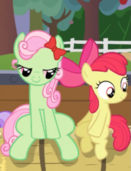 Size: 417x543 | Tagged: safe, screencap, character:apple bloom, character:florina tart, episode:apple family reunion, g4, my little pony: friendship is magic, apple family member, bedroom eyes, fillyphile, out of context, sitting