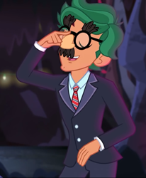 Size: 592x720 | Tagged: safe, screencap, character:timber spruce, equestria girls:legend of everfree, g4, my little pony:equestria girls, clothing, cropped, glasses, groucho marx psyche out, groucho mask, legend of everfree - bloopers, male, solo, suit