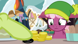 Size: 1920x1080 | Tagged: safe, screencap, character:cheerilee, character:granny smith, episode:best gift ever, episode:triple pony dare ya, g4, my little pony: friendship is magic, bits, bread, button, clothing, coin, food, hat, hearth's warming shorts
