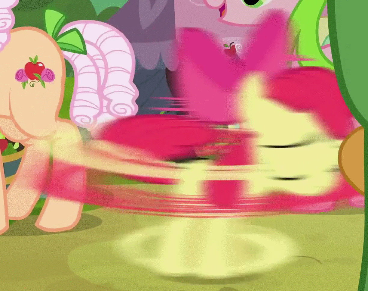 Size: 1224x966 | Tagged: safe, screencap, character:apple bloom, character:apple rose, character:babs seed, character:red gala, character:wensley, episode:apple family reunion, g4, my little pony: friendship is magic, animated, apple family member, good trick, spinning