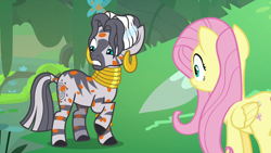 Size: 1280x720 | Tagged: safe, screencap, character:fluttershy, character:zecora, species:pegasus, species:pony, species:zebra, episode:a health of information, g4, my little pony: friendship is magic, swamp fever