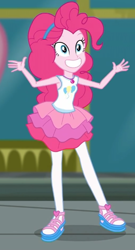 Size: 340x630 | Tagged: safe, screencap, character:pinkie pie, episode:super squad goals, g4, my little pony:equestria girls, arms spread out, clothing, cute, diapinkes, female, geode of sugar bombs, magical geodes, pantyhose, sandals, shoes, skirt, smiling