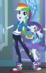 Size: 434x686 | Tagged: safe, screencap, character:applejack, character:rainbow dash, character:rarity, episode:super squad goals, g4, my little pony:equestria girls, arms spread out, canterlot city, clothing, converse, cropped, cute, dashabetes, female, geode of shielding, geode of super speed, high heels, hoodie, magical geodes, offscreen character, pants, shoes, skirt, smiling, sneakers