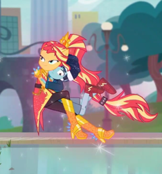 Size: 448x478 | Tagged: safe, screencap, character:sunset shimmer, episode:super squad goals, g4, my little pony:equestria girls, bike helmet, boots, canterlot city, clothing, crystal guardian, helmet, henry handle, high heel boots, legs, legs in air, levitation, magic, male, manestrum, ponied up, shoes, shorts, sneakers, telekinesis