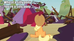 Size: 960x535 | Tagged: safe, screencap, character:applejack, species:earth pony, species:pony, episode:apple family reunion, g4, my little pony: friendship is magic, barn, destruction, everything is ruined, female, image macro, mare, music notes, ruins, sad, seven songs and a story, silly, silly pony, sitting, solo, song, song reference, text, unhapplejack, who's a silly pony