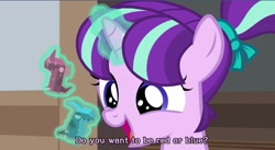 Size: 1231x677 | Tagged: safe, screencap, character:starlight glimmer, species:pony, species:unicorn, episode:uncommon bond, g4, my little pony: friendship is magic, board game, cute, dragon pit, female, filly, filly starlight glimmer, glimmerbetes, glowing horn, magic, solo, subtitles, telekinesis, younger