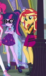 Size: 451x733 | Tagged: safe, screencap, character:sunset shimmer, character:twilight sparkle, character:twilight sparkle (scitwi), species:eqg human, episode:super squad goals, g4, my little pony:equestria girls, boots, clothing, female, geode of telekinesis, glasses, jacket, legs, magical geodes, ponytail, shoes, skirt, socks