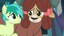 Size: 1280x720 | Tagged: safe, screencap, character:sandbar, character:yona, species:earth pony, species:pony, species:yak, episode:school raze, g4, my little pony: friendship is magic, female, looking at each other, male, sad, teenager