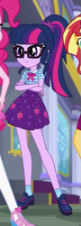 Size: 245x683 | Tagged: safe, screencap, character:pinkie pie, character:sunset shimmer, character:twilight sparkle, character:twilight sparkle (scitwi), species:eqg human, episode:super squad goals, g4, my little pony:equestria girls, clothing, cropped, crossed arms, female, geode of telekinesis, glasses, legs, magical geodes, offscreen character, ponytail, shoes, skirt, socks