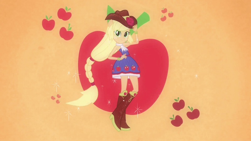 Size: 800x450 | Tagged: safe, screencap, character:applejack, equestria girls:equestria girls, g4, my little pony:equestria girls, animated, bare shoulders, braid, gif, loop, ponied up, pose, sleeveless, solo, strapless