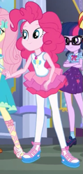 Size: 247x517 | Tagged: safe, screencap, character:fluttershy, character:pinkie pie, character:twilight sparkle, character:twilight sparkle (scitwi), species:eqg human, my little pony:equestria girls, clothing, cropped, geode of sugar bombs, geode of telekinesis, legs, magical geodes, pantyhose, shoes, smiling