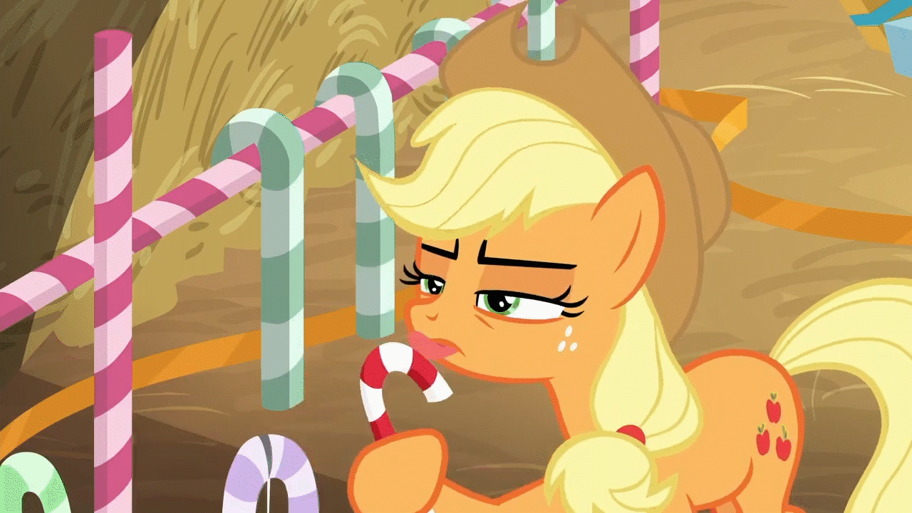 Size: 1280x720 | Tagged: safe, screencap, character:applejack, episode:the great escape room, animated, candy, candy cane, eating, female, food, gif, hay, hearth's warming shorts, licking, loop, solo, suspicious, tongue out