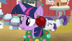Size: 1280x720 | Tagged: safe, screencap, character:rarity, character:twilight sparkle, character:twilight sparkle (alicorn), species:alicorn, species:pony, episode:the great escape room, angry, animated, christmas, female, hay, hearth's warming, hearth's warming shorts, holiday, hooves, loop, no sound, ornament, talking, webm, wreath