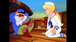 Size: 853x480 | Tagged: safe, screencap, character:megan williams, character:mr moochick, species:human, g1, my little pony: the movie (1986), boat, duo, sailor