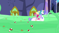 Size: 1280x720 | Tagged: safe, screencap, character:pinkie pie, character:princess celestia, episode:best gift ever, g4, my little pony: friendship is magic, candy, candy cane, food, pool toy, pudding, puddinghead's pudding, swanlestia
