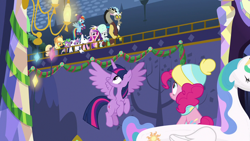 Size: 1280x720 | Tagged: safe, screencap, character:applejack, character:discord, character:pinkie pie, character:princess cadance, character:princess celestia, character:princess flurry heart, character:rainbow dash, character:rarity, character:shining armor, character:spike, character:twilight sparkle, character:twilight sparkle (alicorn), species:alicorn, species:dragon, species:pony, episode:best gift ever, g4, my little pony: friendship is magic, pool toy, swanlestia, winged spike