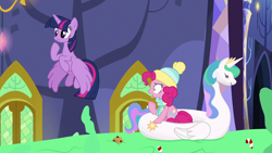 Size: 1280x720 | Tagged: safe, screencap, character:pinkie pie, character:princess celestia, character:twilight sparkle, character:twilight sparkle (alicorn), species:alicorn, species:pony, episode:best gift ever, g4, my little pony: friendship is magic, food, pudding, puddinghead's pudding, swanlestia
