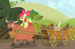 Size: 412x268 | Tagged: safe, screencap, character:apple bloom, species:earth pony, species:pony, episode:apple family reunion, g4, my little pony: friendship is magic, bull, cart, cloven hooves, duo, female, filly, ponies riding bulls, riding