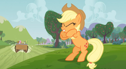 Size: 852x470 | Tagged: safe, screencap, character:applejack, episode:apple family reunion, g4, my little pony: friendship is magic, bipedal, evil grin, grinding, laughing, pure unfiltered evil