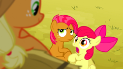 Size: 1920x1080 | Tagged: safe, screencap, character:apple bloom, character:applejack, character:babs seed, species:earth pony, species:pony, episode:apple family reunion, g4, my little pony: friendship is magic, bow, caught, clothing, female, filly, hair bow, hat, looking down, mare