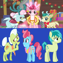 Size: 2112x2112 | Tagged: safe, derpibooru original, screencap, character:alice, character:aurora, character:bori, character:cup cake, character:granny smith, character:sandbar, species:deer, species:earth pony, species:pony, species:reindeer, episode:best gift ever, g4, my little pony: friendship is magic, comparison, the gift givers