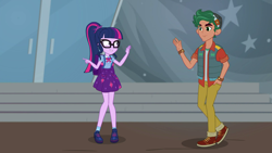 Size: 1920x1080 | Tagged: safe, screencap, character:timber spruce, character:twilight sparkle, character:twilight sparkle (scitwi), species:eqg human, episode:star crossed, g4, my little pony:equestria girls, clothing, hand in pocket, male, pants, shoes, smiling, sneakers, vest
